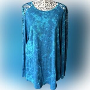 Earth Yoga Organic Cotton Ocean Blue Tie Dye Crochet Long Sleeve T Shirt XL